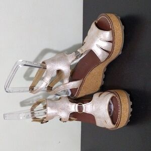 Fly London Leather Sandals Cork Wedge T-Strap US Size 9-9.5